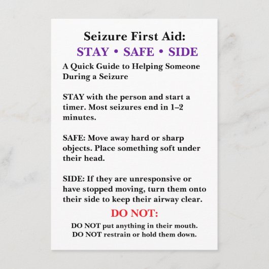Seizure First Aid Card  Kaart (Voorkant)