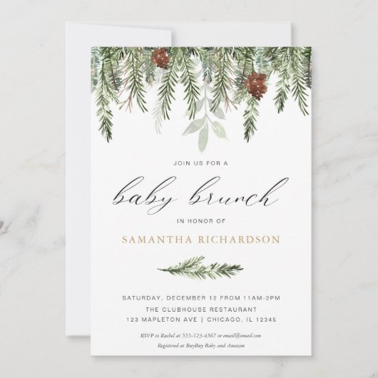 Seksneutraal dennenbomen winterbrunch baby kaart (Voorkant)