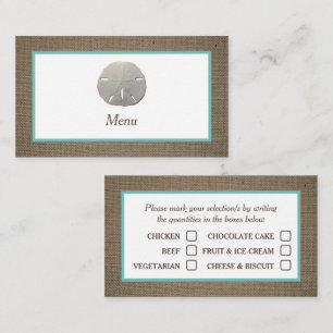 Selectiekaart voor Sand Dollar & Burlap Menu Visitekaartje