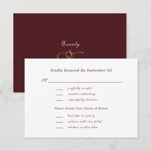 Sélection de menu de mariage chic en script rouge  (Devant / Derrière)