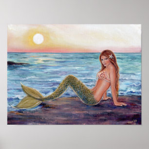 Selene mermaid in de zonnebrandmiddeldruk poster