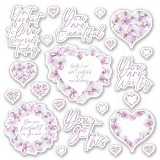 Self Love Cherry Blossom Custom-Cut Vinyl Stickers (Voorkant)