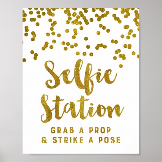 Selfie Station Wedding Sign Gold Confetti Poster (Voorkant)