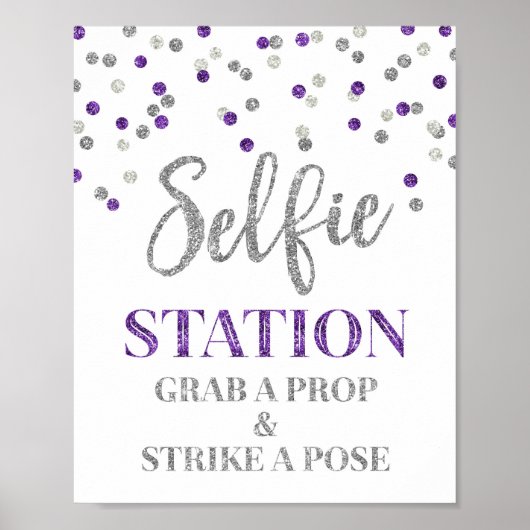 Selfie Station Wedding Sign Paars Silver Confetti Poster (Voorkant)