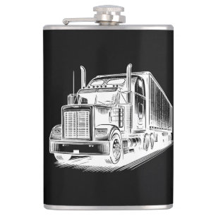 Semi Truck diesel Trucking Art inkt tekening Heupfles