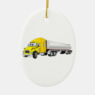 Semi Truck Geel Zilveren Tanker Trailer Cartoon Keramisch Ornament