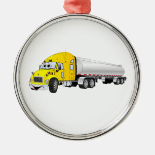 Semi Truck Geel Zilveren Tanker Trailer Cartoon Metalen Ornament