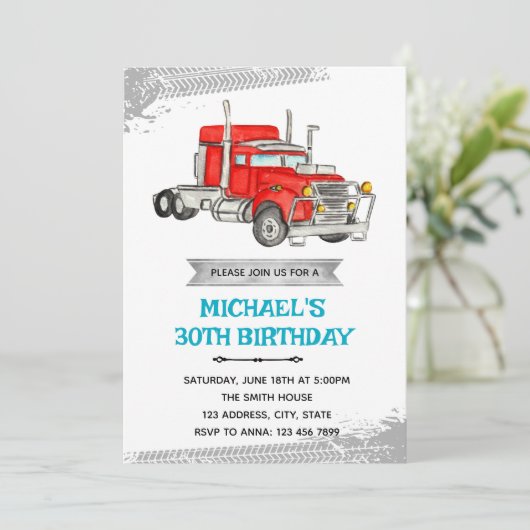 Semi truck verjaardagsfeestje uitnodiging (Staand voorkant)