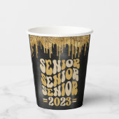SENIOR 2023 BLACK & GOLD GLITTER DRIP CUSTOM PAPIEREN BEKERS (Achterkant)