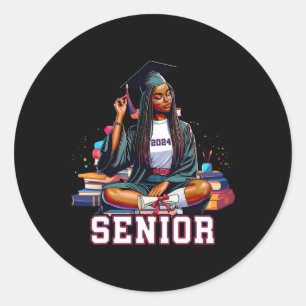 Senior 2024 Zwart Afro Afrikaans Vrouw Afstuderen Ronde Sticker