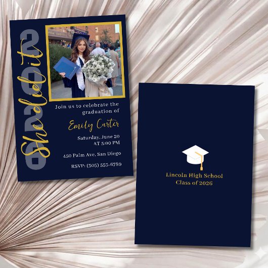 Senior 2026 Graduation Photo Invitation Navy Gold