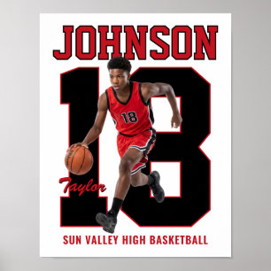 Senior Basketbalspeler Nummer Aangepaste Foto Rood Poster