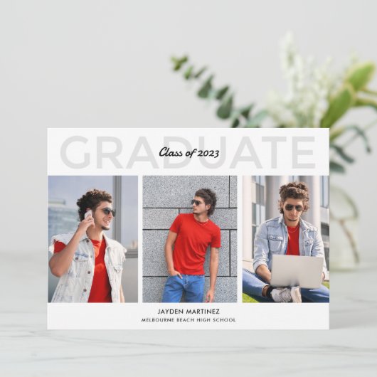 Senior Guy Three Photo Graduparty Uitnodiging (Staand voorkant)