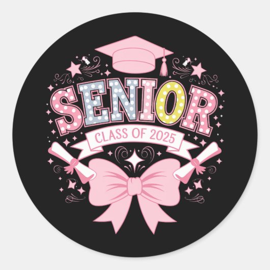 Senior Klasse van 2025 Afstuderen Roze Coquette Bo Ronde Sticker (Voorkant)