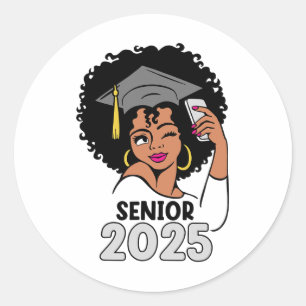 Senioren CL van 2025 Afstuderen 25 Afro zwarte vro Ronde Sticker