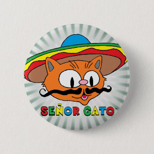 Señor Gato (Cartoon Mustache Cat) met Sombrero Ronde Button 5,7 Cm