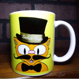 Señor Gato Cartoon Mustache Cat Top Hat Bow Stropd Koffiemok