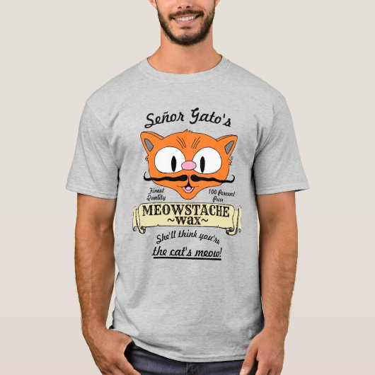 Señor Gato's MEOWSTACHE WAX Handlebar Mustache Pun T-shirt (Voorkant)