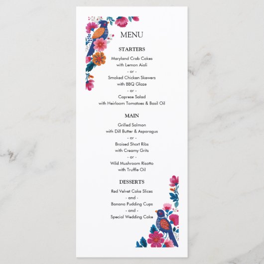 Sensuous Folk Birds and Flowers Wedding Pattern Menu (Voorkant)