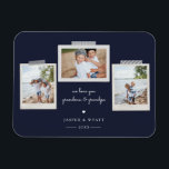 Sentiments joyeux Snapshot Photo Magnet<br><div class="desc">Photo aimable sentiment instantané aimant. Caractéristiques,  3 photos encadrées avec accents de ruban lavi style scrapbook,  deux lignes de texte modèles pour votre message,  noms et année avec détail coeur en blanc sur bleu marine arrière - plan.</div>