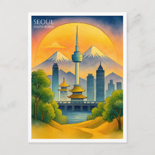 Seoel Zuid-Korea Aquarel Silhouet Feestdagenkaart