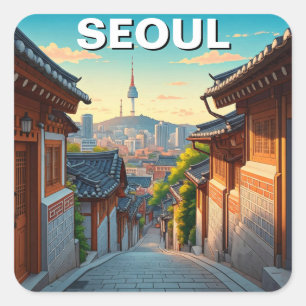 Seoul Bukchon Zuid-Korea Zonsondergang Vierkante Sticker