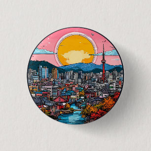 Seoul Levenige Stedelijke Silhouet Ronde Button 3,2 Cm