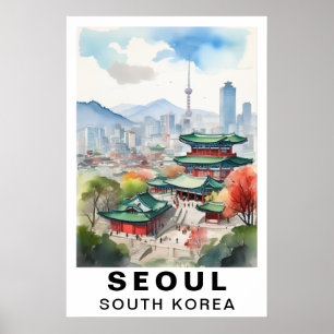 Seoul Zuid-Korea Aquarel Reis Kunstprint Poster