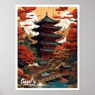 Seoul Zuid-Korea Art Vintage Travel Illustration Poster