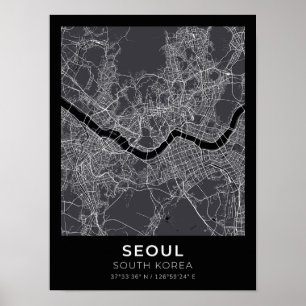 Seoul Zuid-Korea Zwart Stadsplattegrond Poster