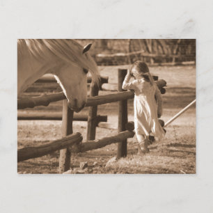 Sepia Black and White Horse and Child Briefkaart