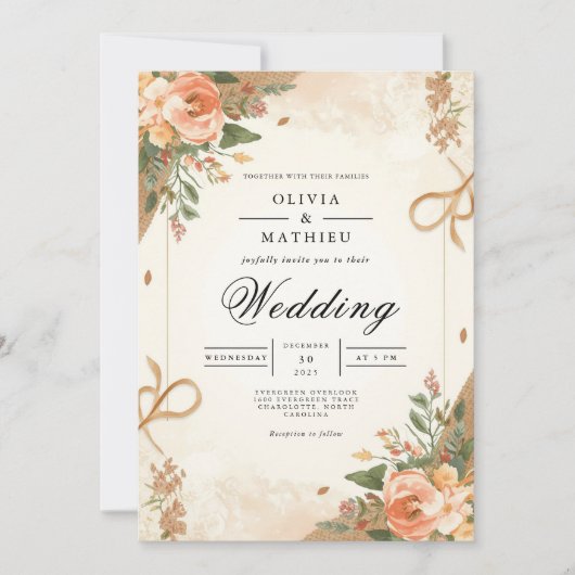 Sepia Blush Floral Romance Wedding Kaart (Voorkant)