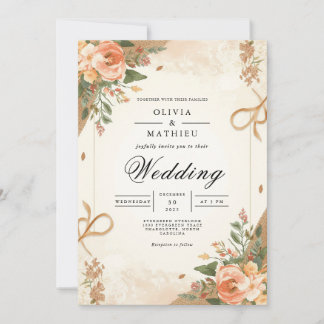 Sepia Blush Floral Romance Wedding Kaart
