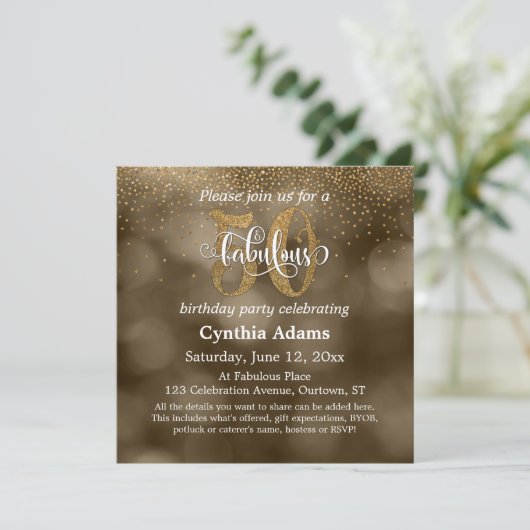 Sepia Bokeh, Gouden Glitter & Script 50 & Fabulous Kaart (Staand voorkant)