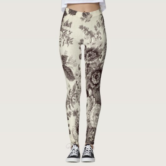 Sepia Brown Cream Botanical Floral Toile No.2 Leggings (Voorkant)