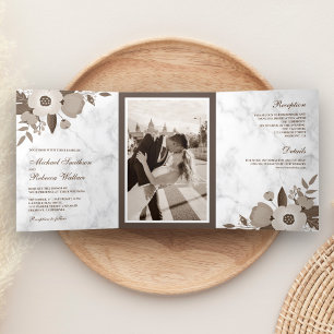 Sepia Brown Floral White Marble Photo Wedding Drieluik Uitnodiging