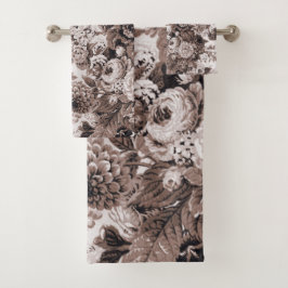 Sepia Brown Peony Dahlias Floral Toile Bad Handdoek