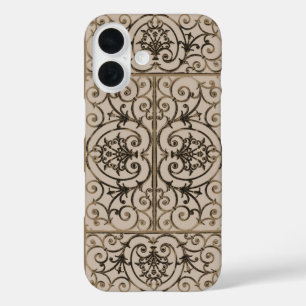 Sepia brown scrollwork patroon iPhone 16 hoesje