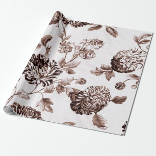 Sepia Brown White Vintage Botanische Floral Toile Cadeaupapier