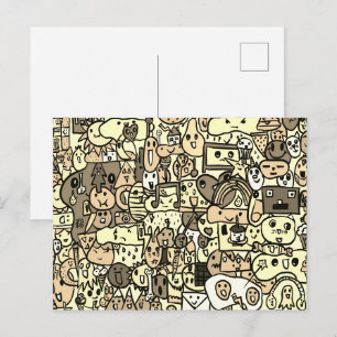 Sepia Cartoon Personage Hand Getekend Worp Patroon Briefkaart