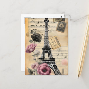 Sepia Eiffeltoren en roze bloemen Briefkaart
