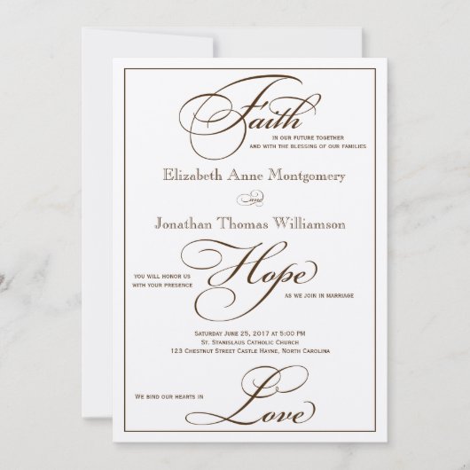 Sepia Faith Hope Love Script Faire-part de mariage (Devant)