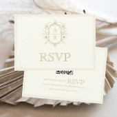 Sepia floral crest monogram QR code wedding RSVP Kaartje