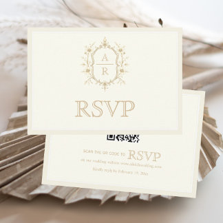 Sepia floral crest monogram QR code wedding RSVP Kaartje