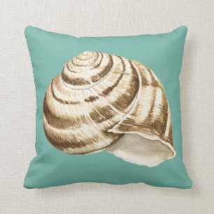 Sepia gestreepte schelp op turquoise kussen