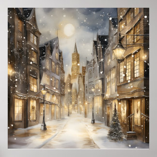 Sepia Getinte Besneeuwde Stadstraat Poster