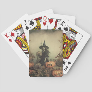 Sepia gothische heks met pompoenen en herfstrozen pokerkaarten