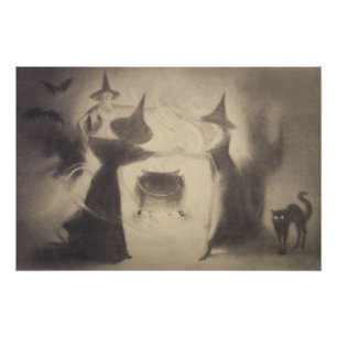 Sepia Heksen Vleermuis Nacht Ketel Zwarte Kat Foto Afdruk