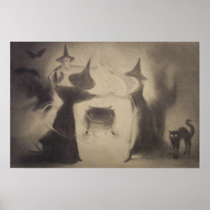 Sepia Heksen Vleermuis Nacht Ketel Zwarte Kat Poster