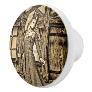 Sepia Middeleeuwse Prinses Renaissance Kunst Keramische Knop